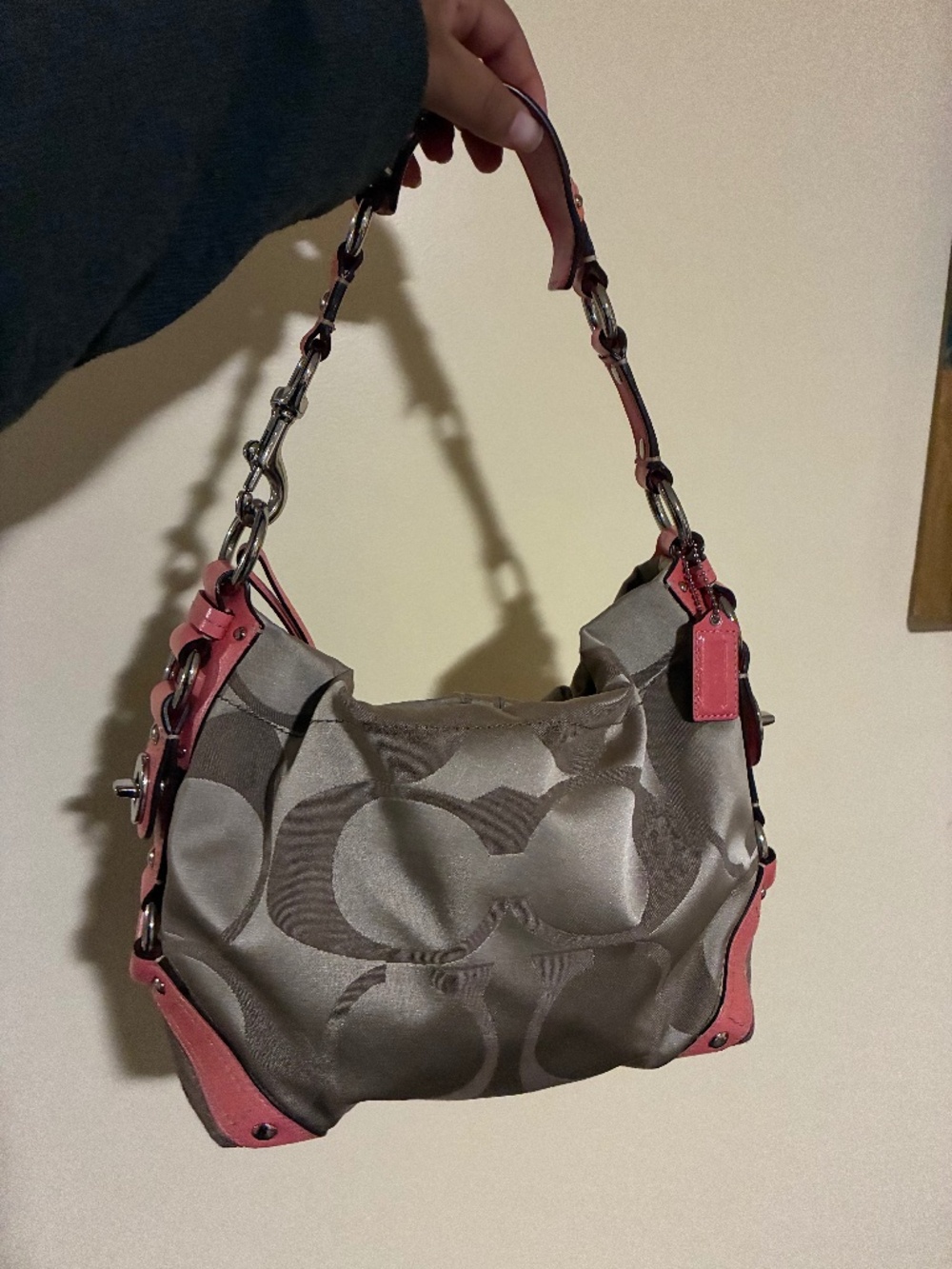 Coach Gray Signature Hobo with Pink Leather Trim
